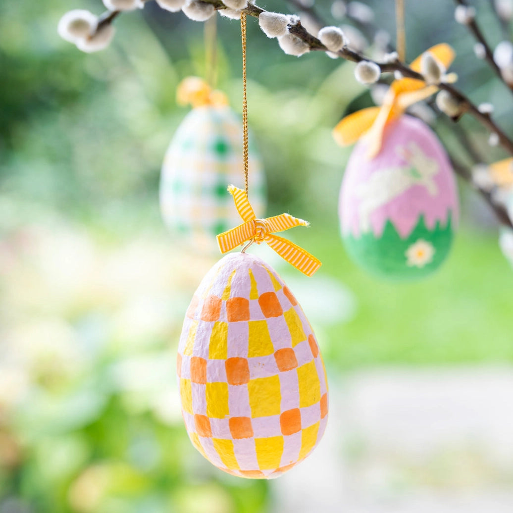 Talking Tables Easter Recycled Cotton Hanging Eggs in Green and Yellow Check