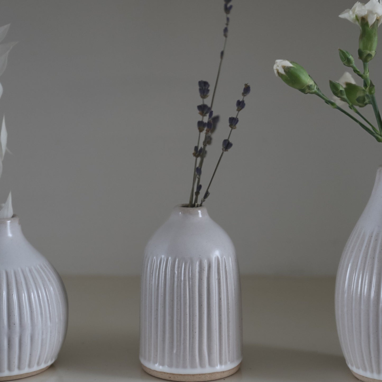 White Grooved Bud Vases