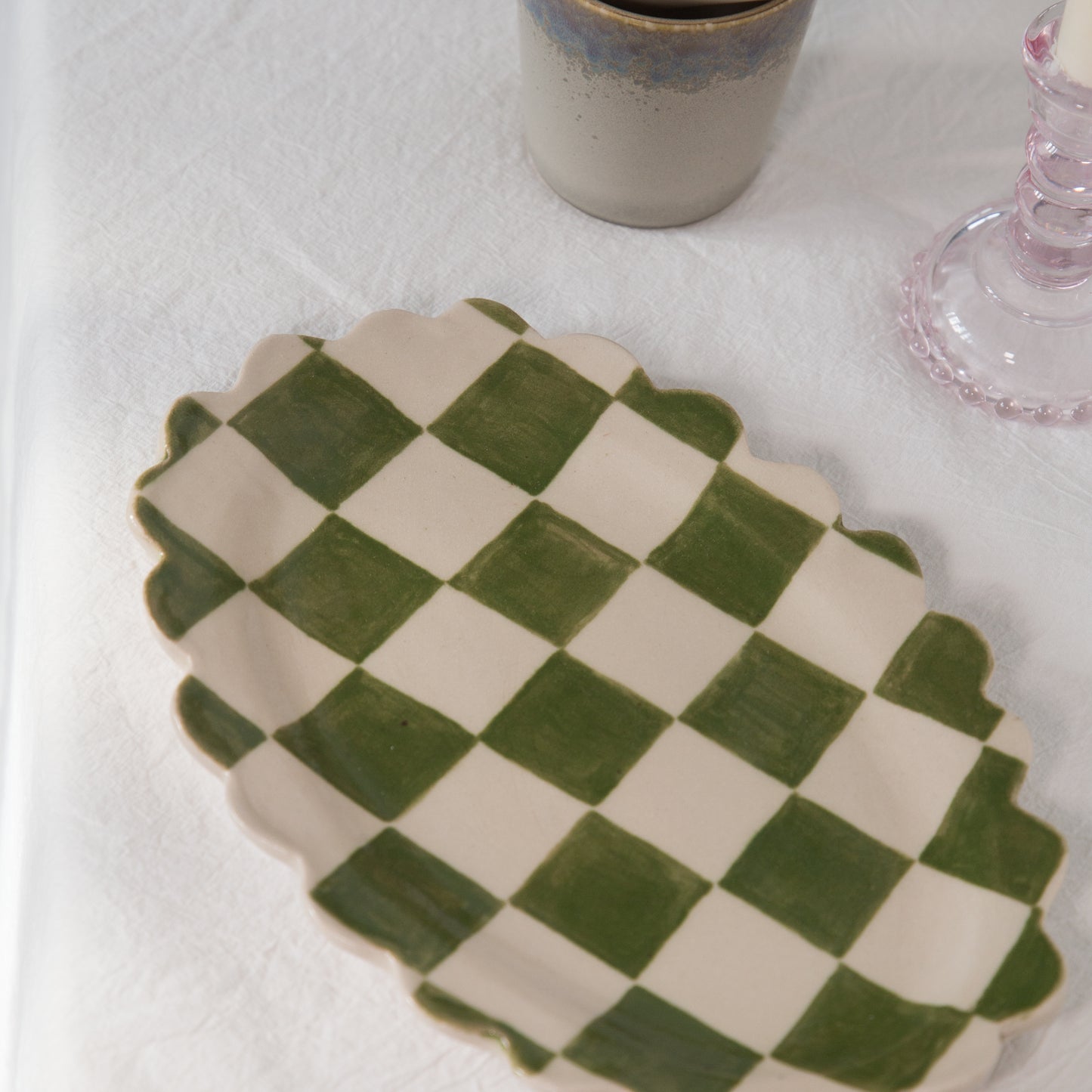 Poesy Ceramics Scallop Plate in Green Check or Cream