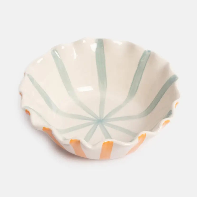 Caroline Gardener Striped Frilly Ceramic Bowl in Orange and Blue
