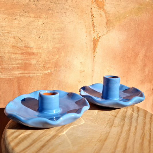 Roca Caus Handmade Ceramic Frilly Blue Candle Holder