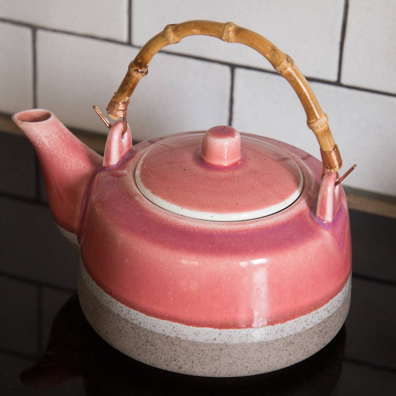 Vintage and Preloved Pink and Grey Two Tone Teapot with Bamboo Handle