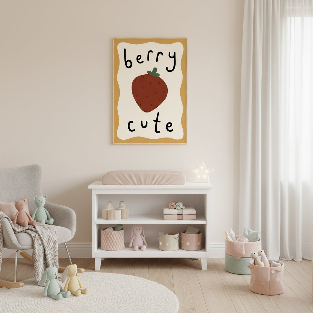 Framed artwork with a strawberry and 'berry cute' text on a white background