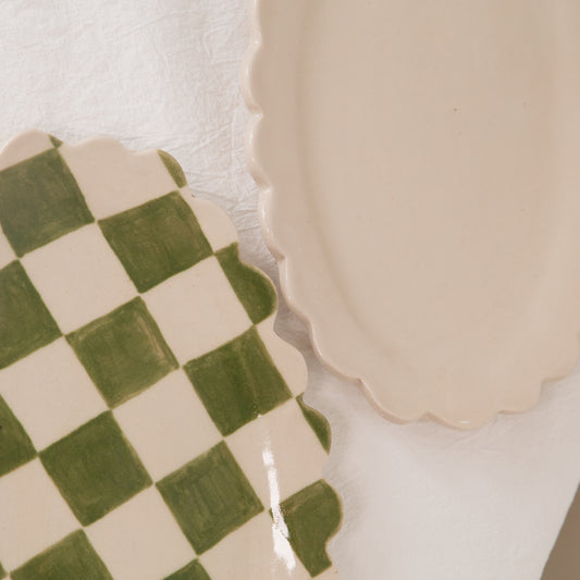 Poesy Ceramics Scallop Plate in Green Check or Cream
