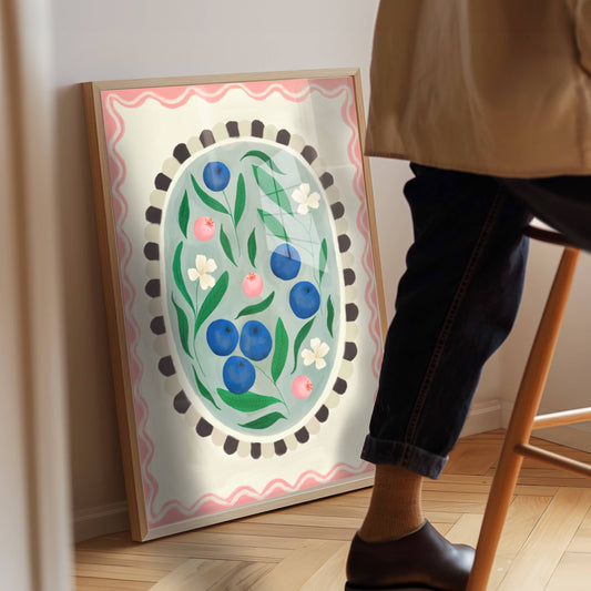 Kate Fox Blueberry Oval Hand Drawn Art Print in A3