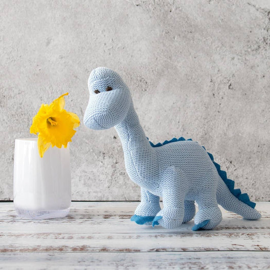 Best Years Knitted Organic Cotton Blue Diplodocus Dinosaur Baby Rattle