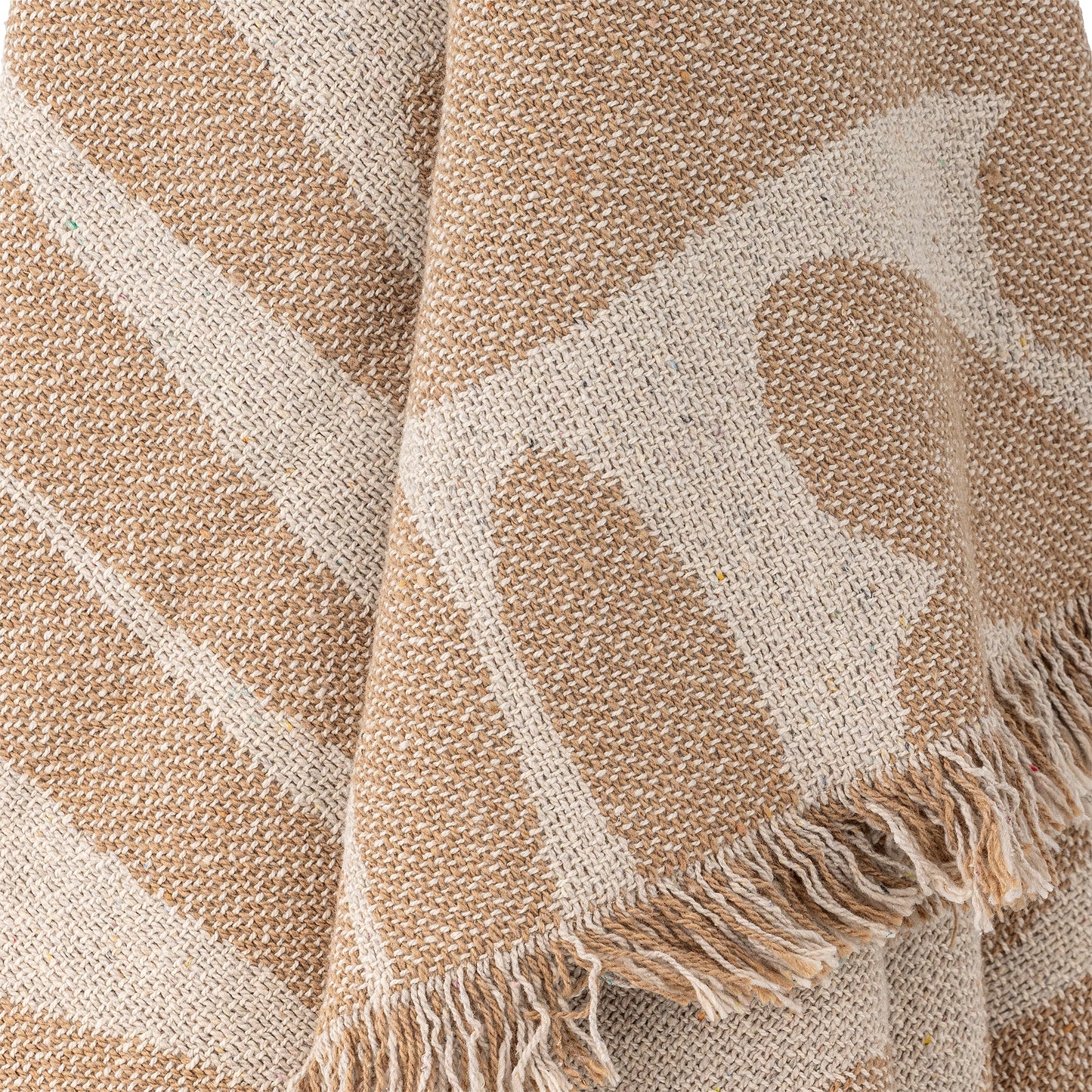 Soft brown patterned throw made from recycled cotton close up