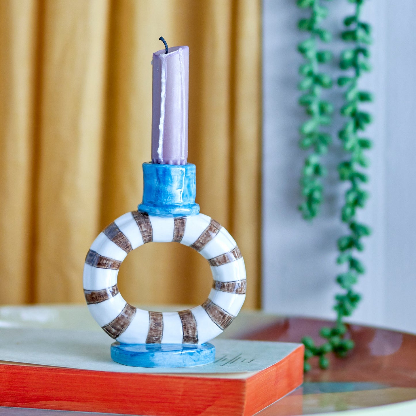 Blue and Brown Striped Candle holder with Oval middle