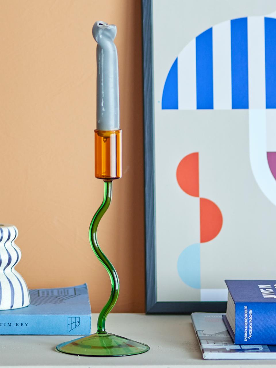 Bloomingville Green and Orange Glass Candle Holder displayed with a candle inside