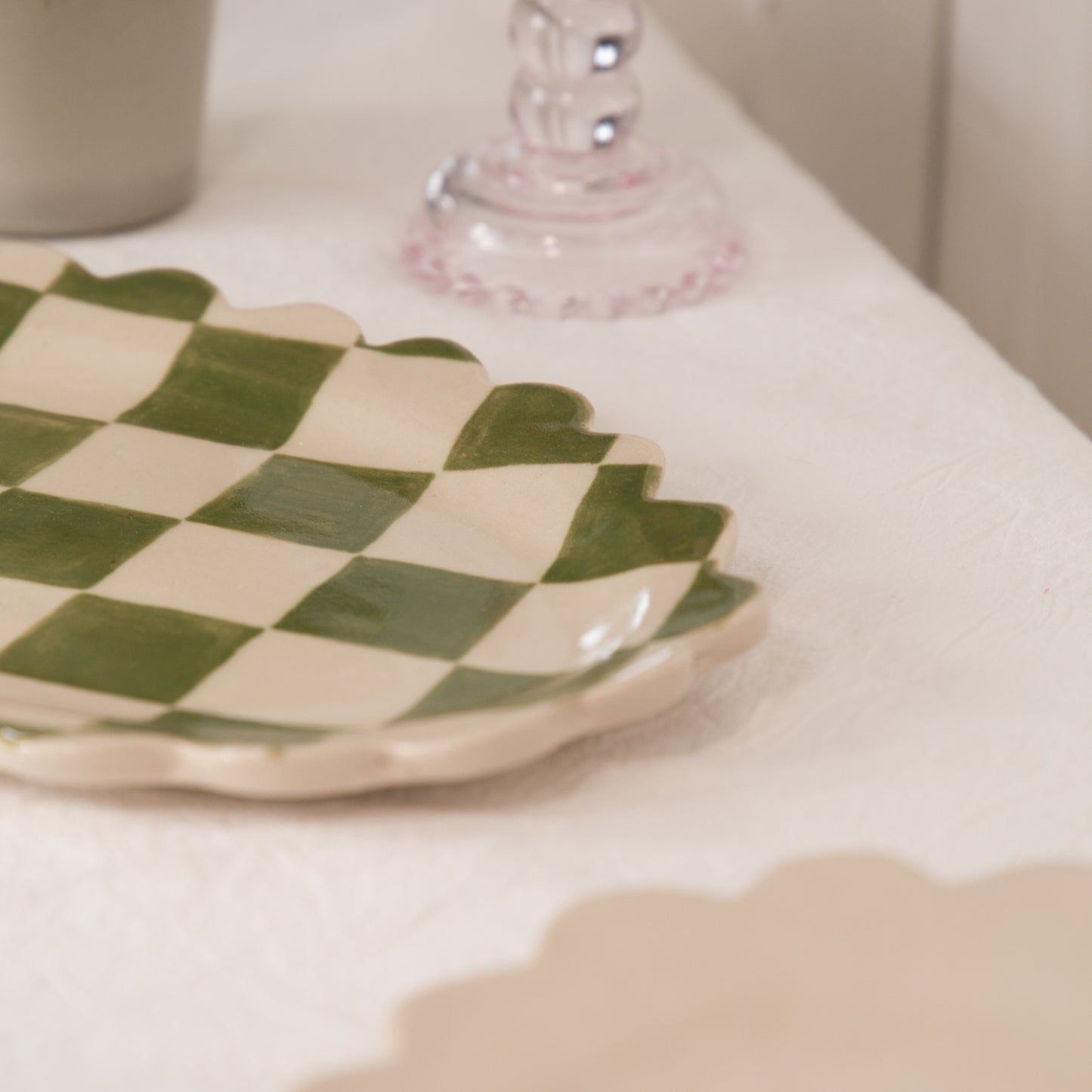 Poesy Ceramics Scallop Plate in Green Check or Cream