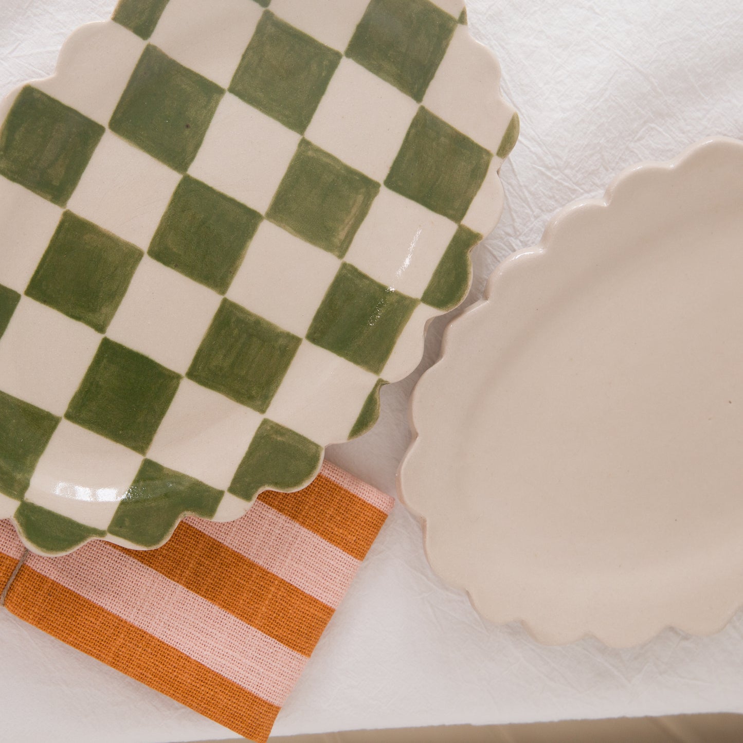 Poesy Ceramics Scallop Plate in Green Check or Cream