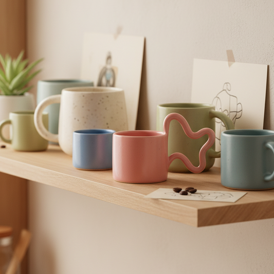 Colorful mugs on a wooden shelf with a neutral background