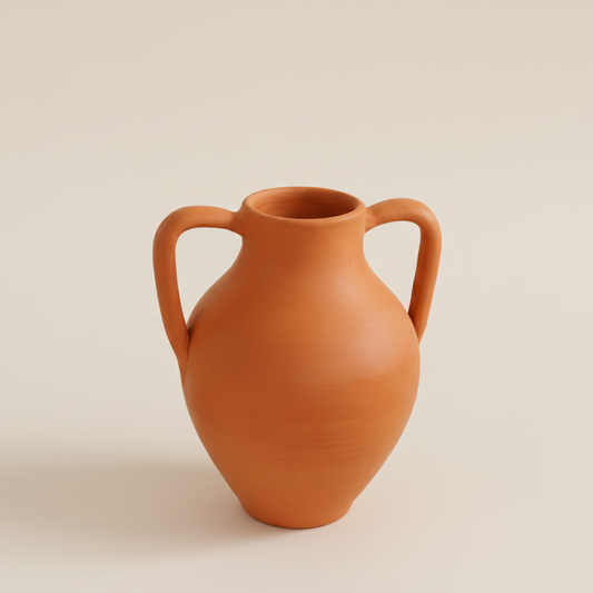 Terracotta vase with two handles on a beige background