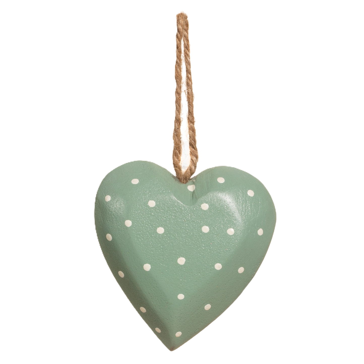 A green heart-shaped wooden decoration with white polka dots and a wooden rope hanging at the top.