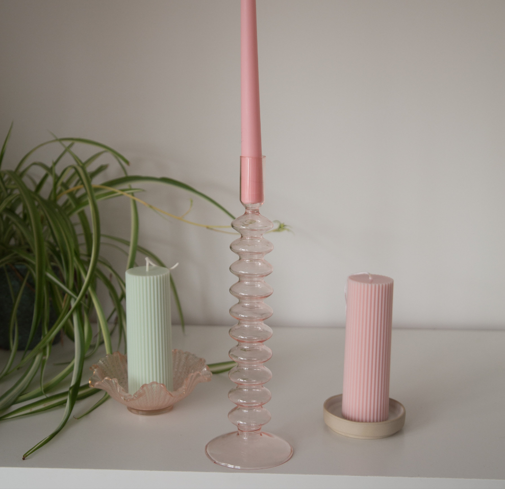 Maegen Taper Candle Holder - Rose Quart Coloured Glass