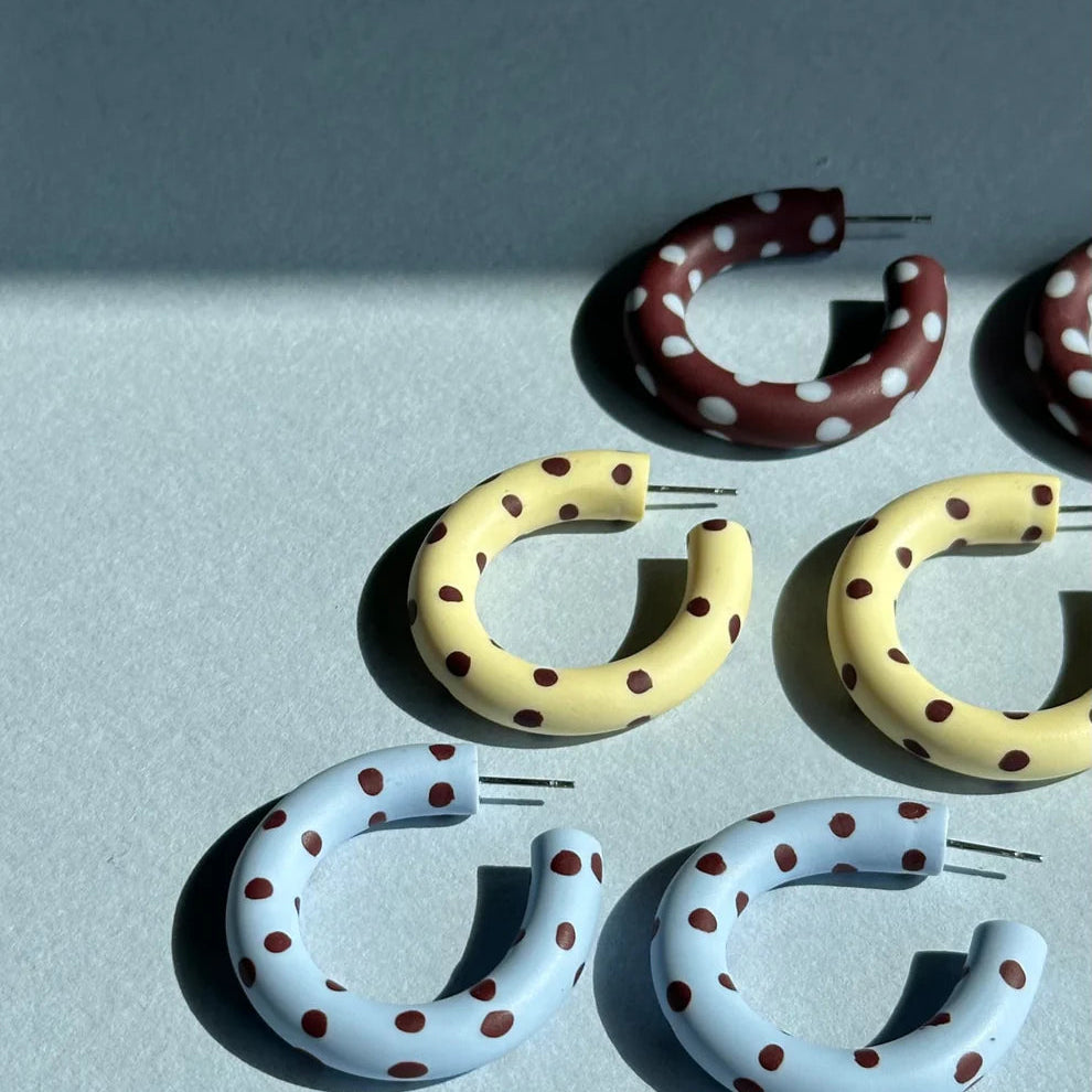 Kalei Polymer Clay Circle Earrings in Butter Yellow or Pale Blue Polkadot
