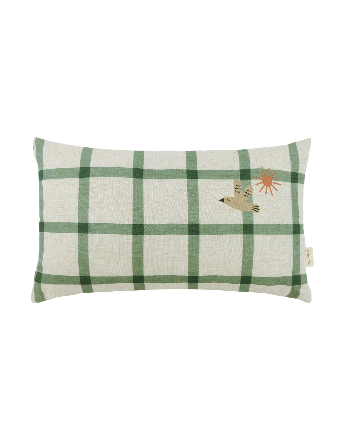 Nobodinoz Green Birds Linen Cushion in a cream and green check. Displaying a green bird flying under a sun.