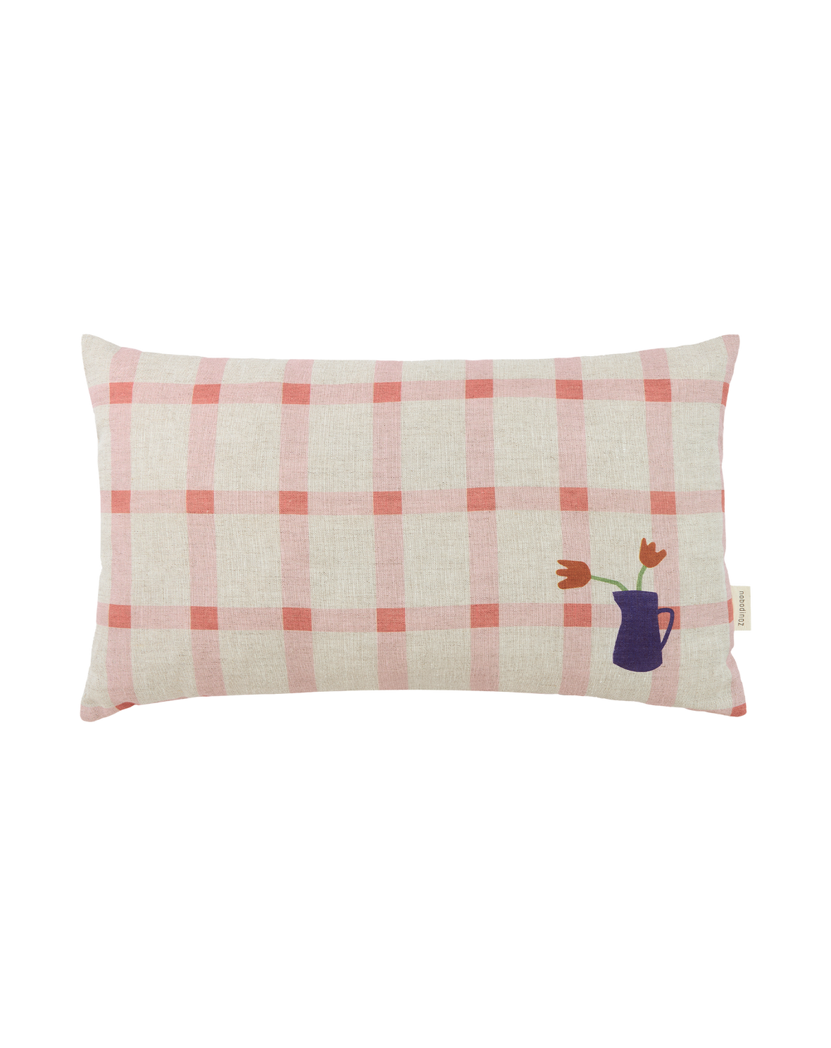 Pink Tulips Linen Cushion by Nobodinoz.  Checkered rectangle cushion with a blue vase in the corner which has 2 pink tulips in.