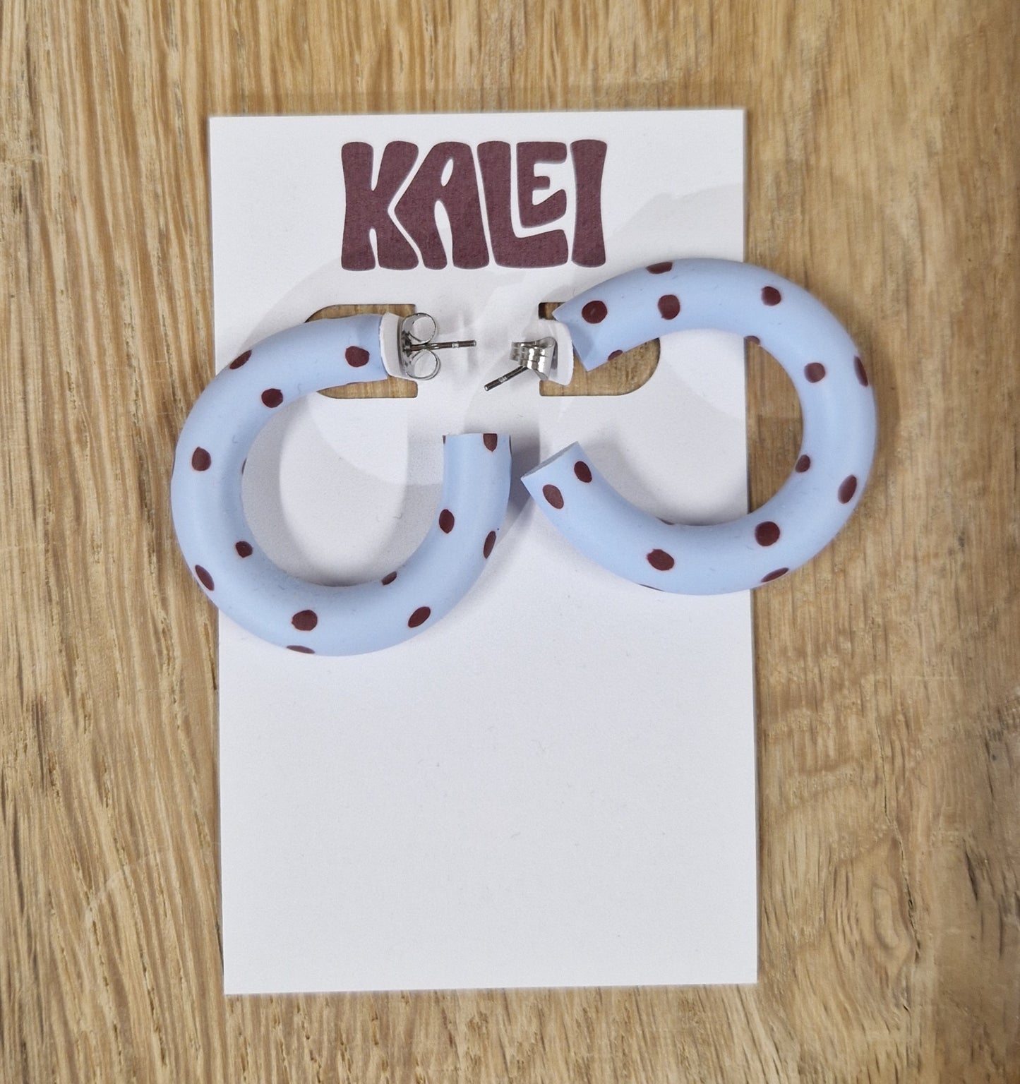 Kalei Polymer Clay Circle Earrings in Butter Yellow or Pale Blue Polkadot