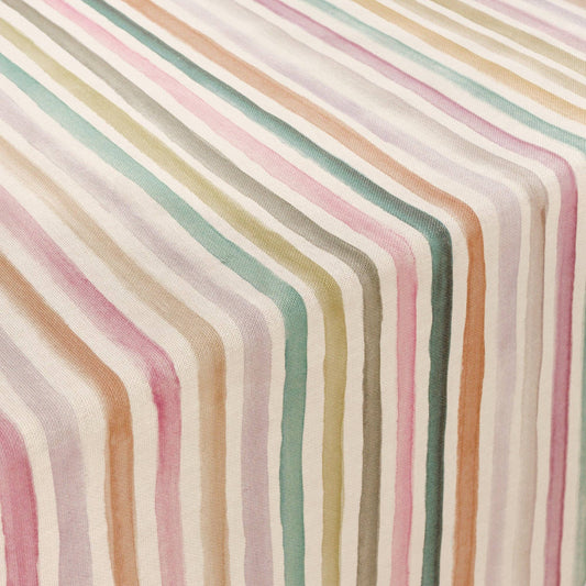 close up detail of SG hogar tablecloth in multi stripe