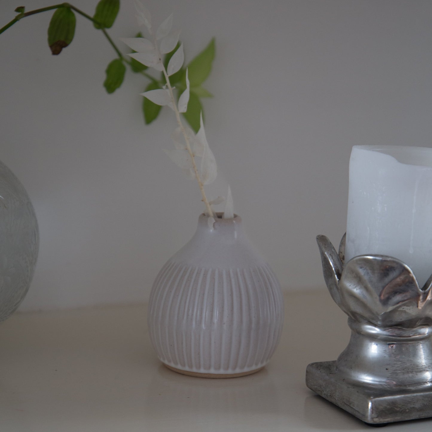 White Grooved Bud Vases