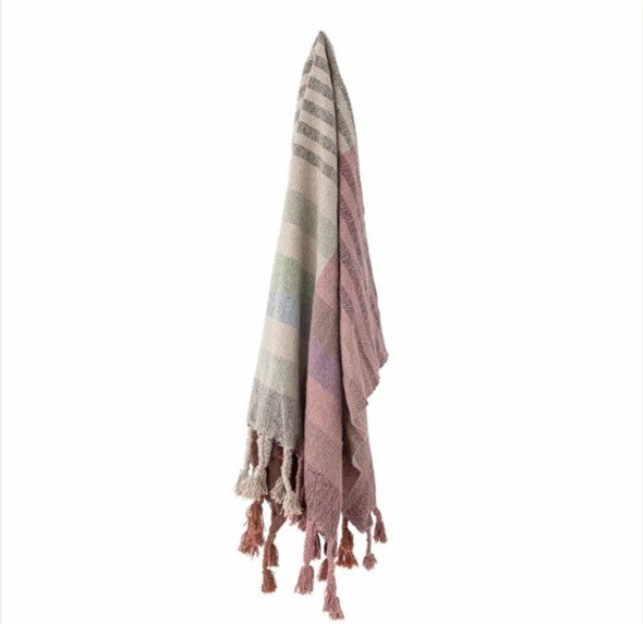 Multi-coloured throw with tassels on a white background