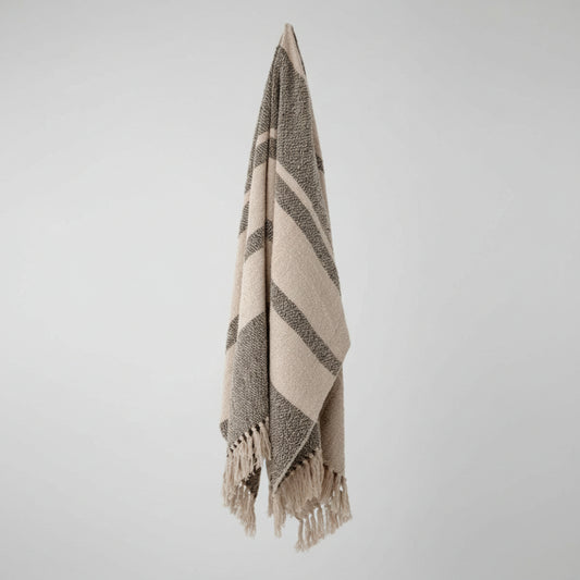 Striped throw with fringes on a white background