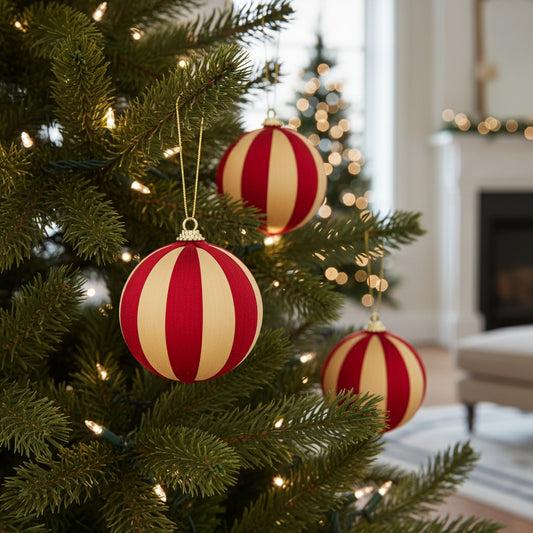 Three red and beige striped Christmas ornaments on a white background