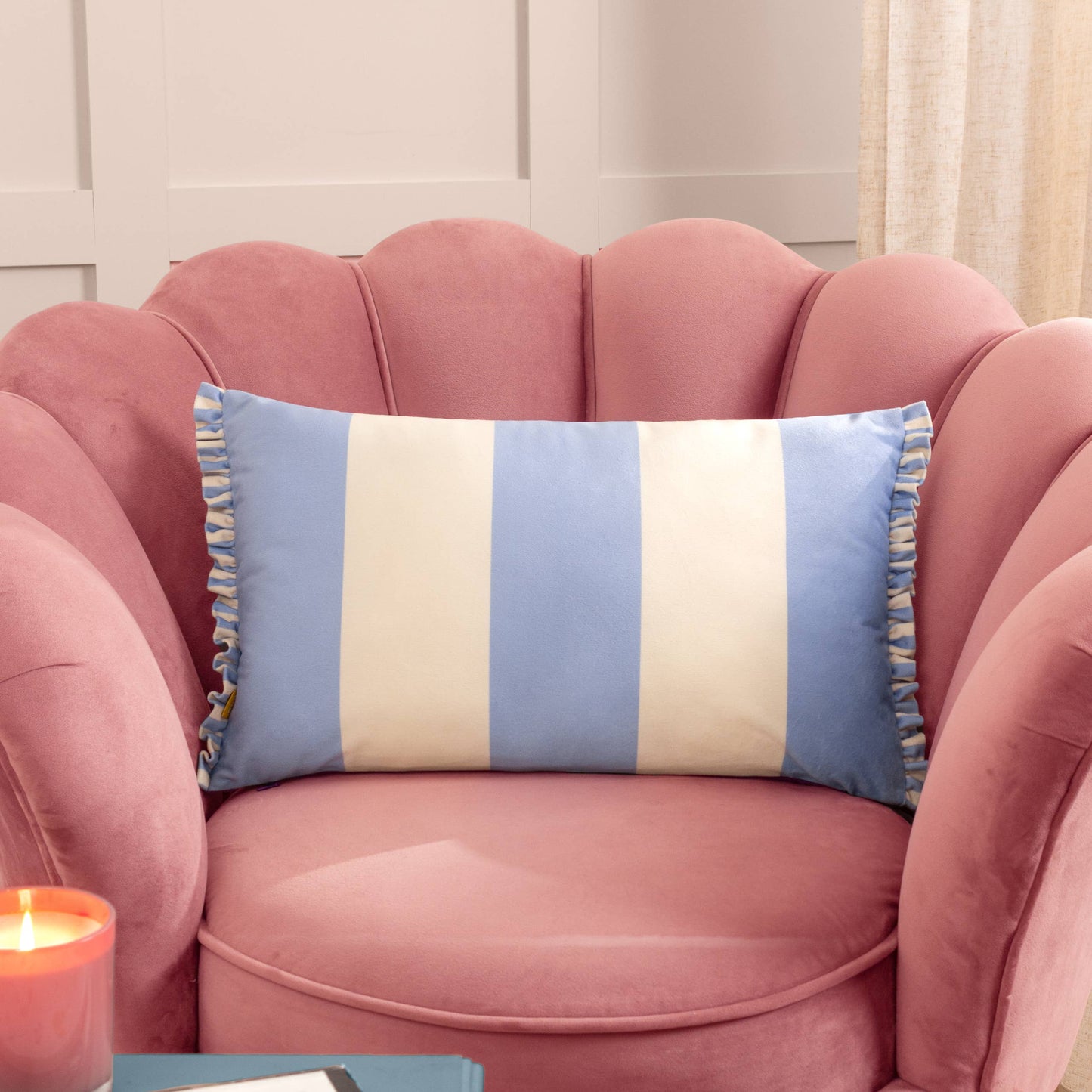 Fern Araya Striped Velvet Cushion Blue & Cream