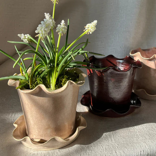 Three ceramic pots with a plant and a glass container on a textured surface