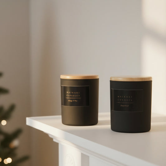 Two black candles with wooden lids on a striped fabric surface.