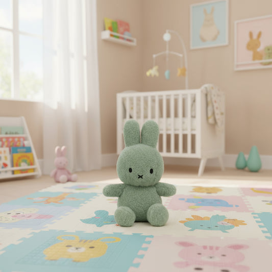 Green plush bunny toy on a white background