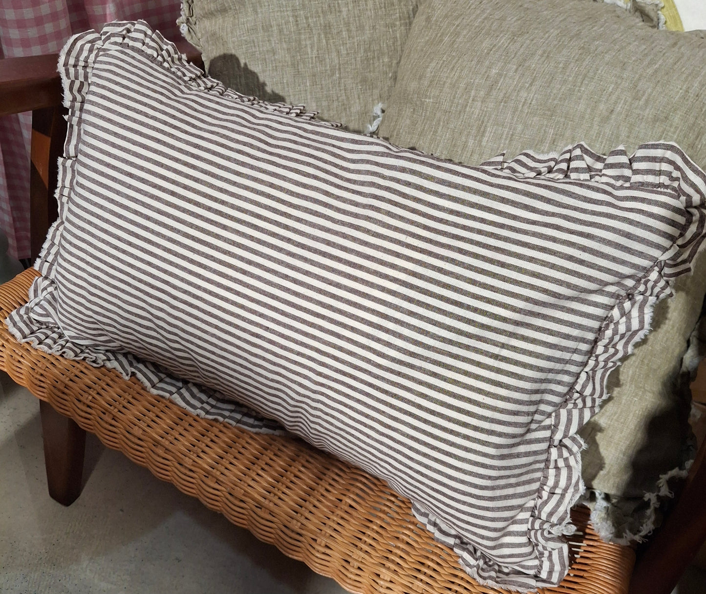 Hallie Ruffled Linen Cushion Brown Stripe with Duck Feather Inner