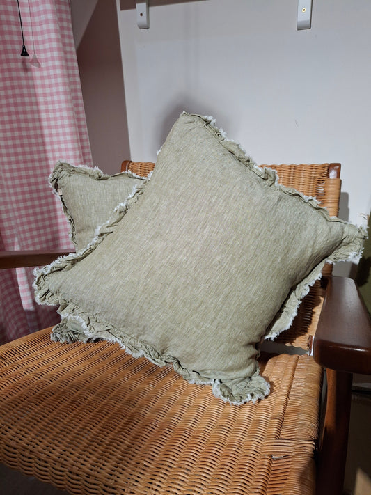 Ellenvale Hallie Ruffled Linen Cushion in Olive Green
