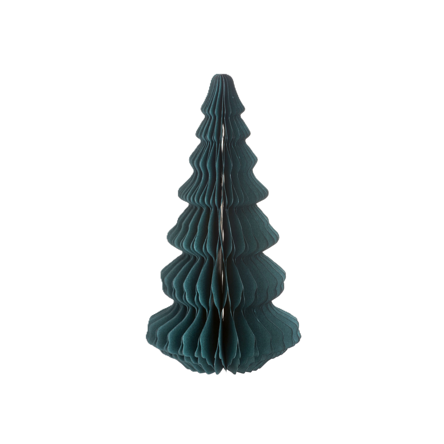 A green honeycomb patterned paper Christmas tree decoration with a natural jute string for hanging.