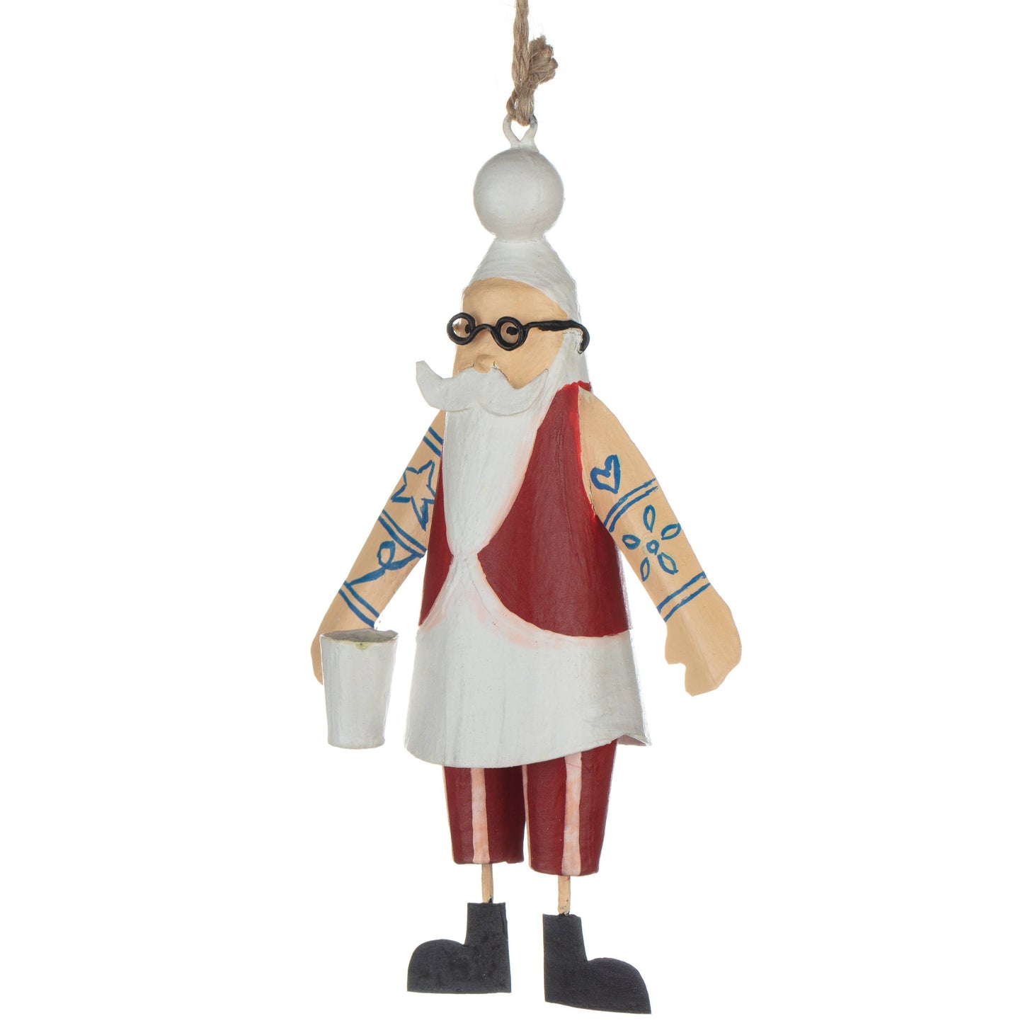 Decorative figure of a Santa with a beard, sunglasses, and a red outfit hanging on a white background.