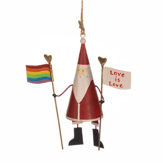 Decorative figure of a Santa Claus holding a rainbow flag and 'Love is Love' sign on a white background.