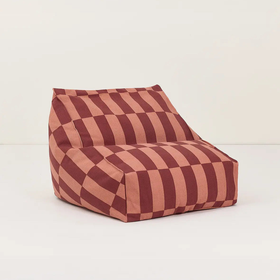 Bean bag chair with red and brown striped pattern on a white background
