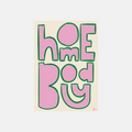 Text 'home body' in pink and green on a beige background