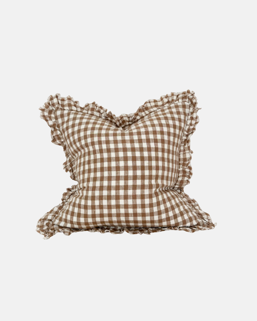 Ellenvale Ruffled Edged Linen Cushion in Brown Gingham