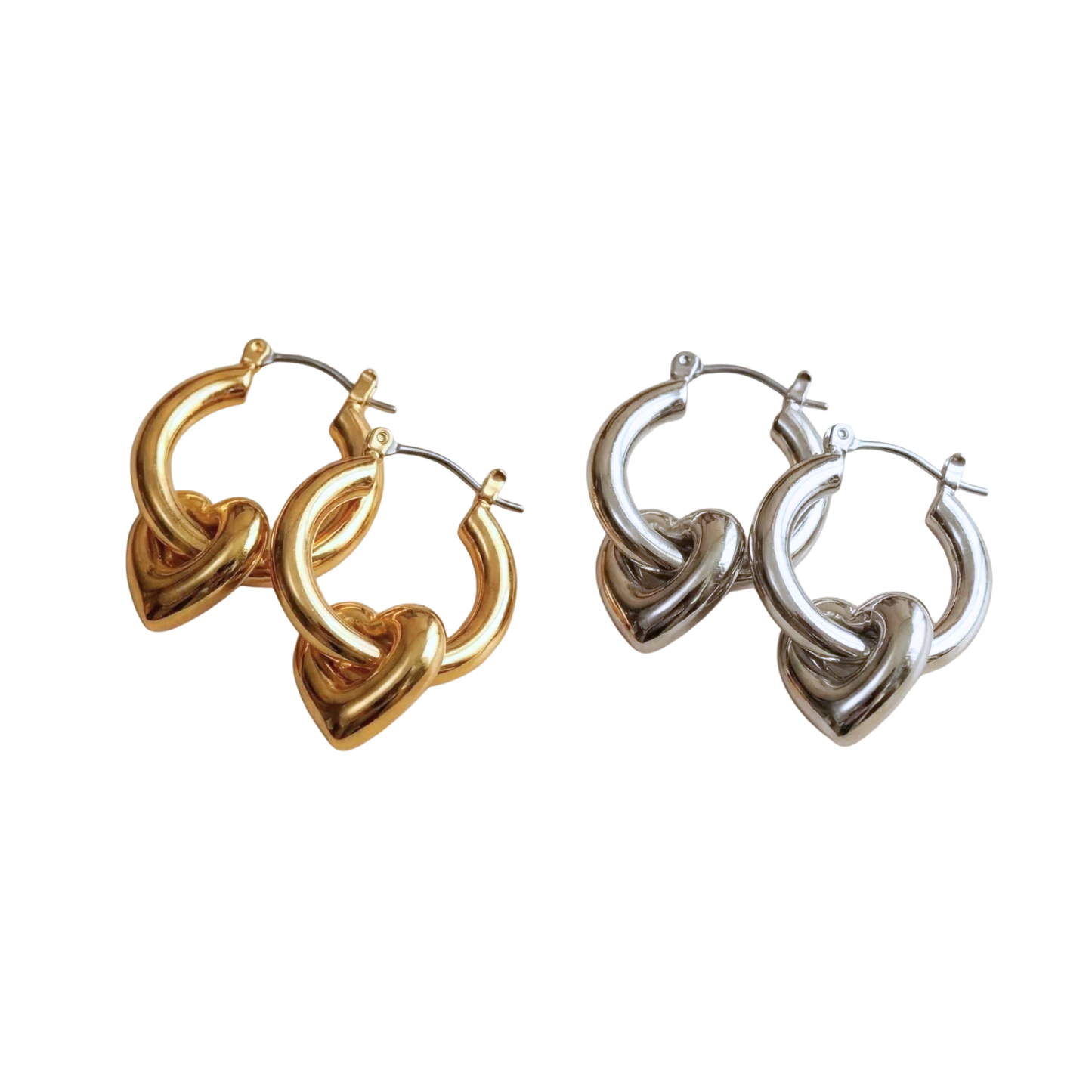 Big Metal London Gemma Heart Drop Hoop Earrings in Silver or Gold