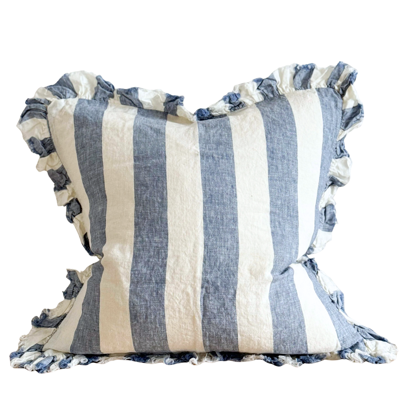 Ellenvale Hallie Ruffled Edged Linen Cushion in Blue Wide Stripe