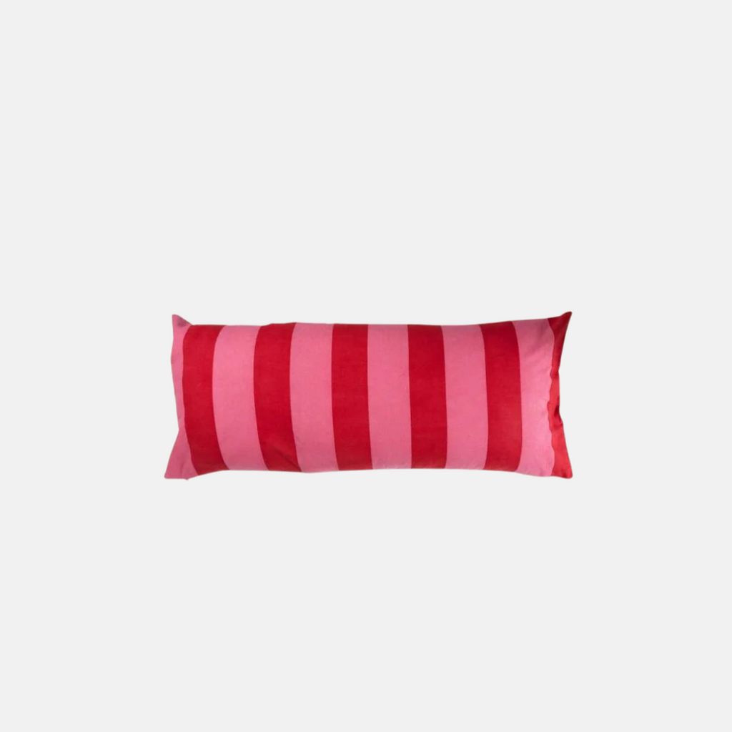 Rectangular pillow with red and pink vertical stripes on a white background