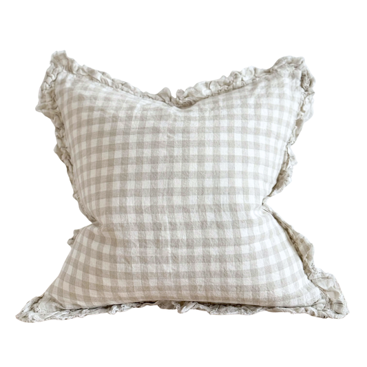 Ellenvale Ruffled Edged Linen Cushion Cover in Natural Gingham