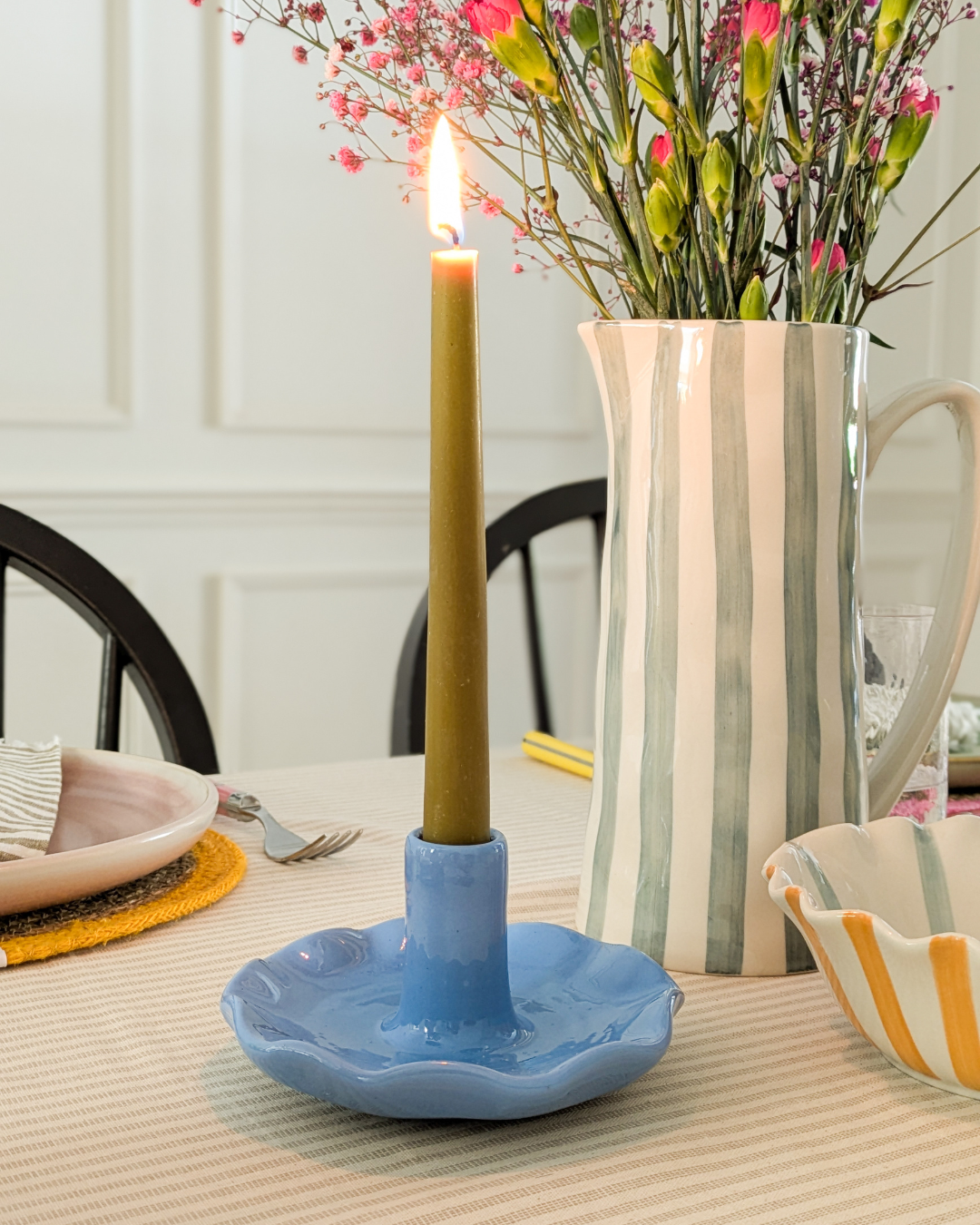 Roca Caus Handmade Ceramic Frilly Candle Holder in Blue