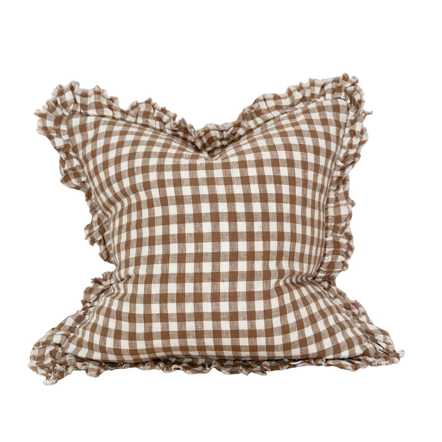 Ellenvale Ruffled Edged Linen Cushion in Brown Gingham