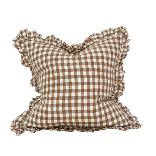 Ellenvale Ruffled Edged Linen Cushion in Brown Gingham