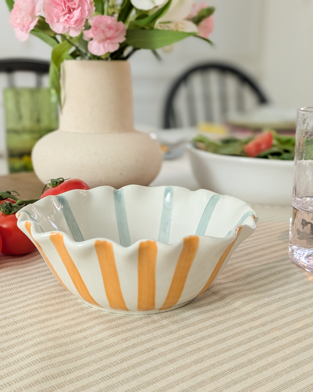 Caroline Gardner Striped Frilly Ceramic Bowl in Orange and Blue