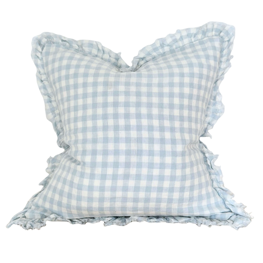 Ellenvale Ruffled Linen Cushion in Blue Gingham