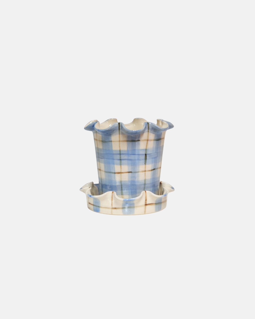 Jess Ellis Ceramic Frilly Plant Pot & Saucer in Blue Check
